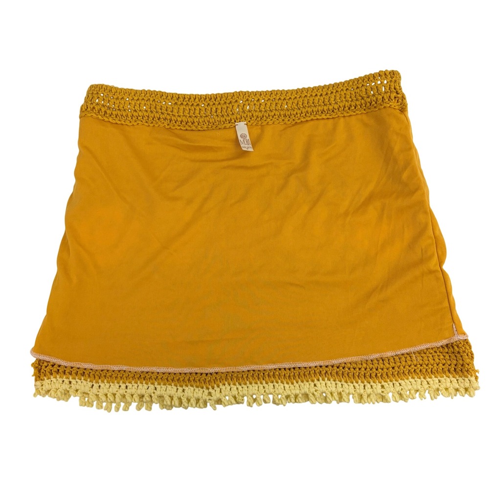Mora Mustard Yellow Crochet Floral Medallion Fringe Mini Skirt One Size Boho - Picture 6 of 8